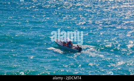 Tulum Mexico 21. February 2022 Amazing and beautiful caribbean coast and beach panorama view with turquoise water waves and boats of Tulum in Quintana Stock Photo