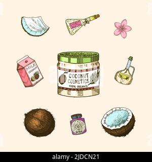 Coconut and palm leaf, Milk packaging, glass bottle, butter, cosmetic cream jar, cocktail with umbrella. Vintage style. Tropical food illustration Stock Vector
