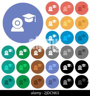 Distance learning multi colored flat icons on round backgrounds. Included white, light and dark icon variations for hover and active status effects, a Stock Vector
