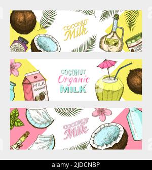 Coconut cards. Palm leaf, Milk packaging, glass bottle, butter, cosmetic cream jar, cocktail with umbrella. Poster or banner. Vintage style. Tropical Stock Vector