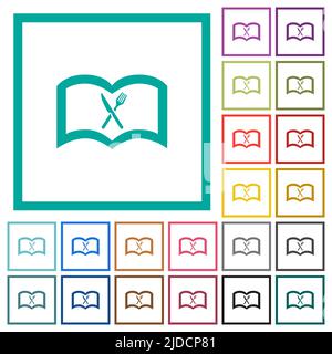 Cookbook with knife and fork flat color icons with quadrant frames on white background Stock Vector