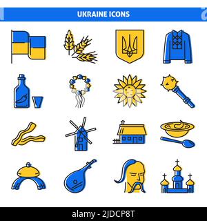 Ukraine icons collection in colored line style. Ukrainian national symbols. Vector illustration. Stock Vector