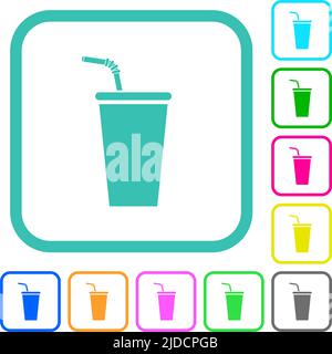 Disposable drinking cup with straw vivid colored flat icons in curved borders on white background Stock Vector
