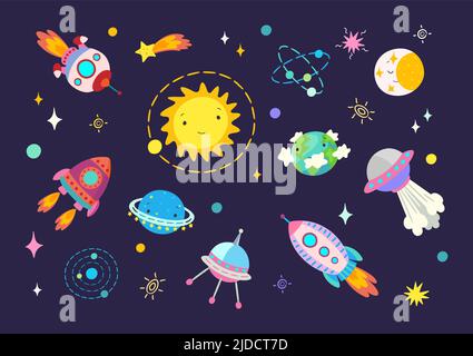 Spaceship and planets. Moon earth in scandinavian cartoon style, meteorite and comets. Rocket, doodle stars and constellations, nowaday vector gaming Stock Vector
