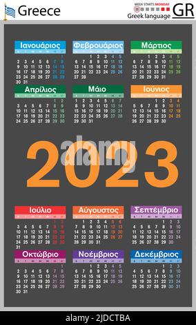 Greek vertical pocket calendar for 2023 (two thousand twenty three). Week starts Monday. New year. Color simple design. Vector Stock Vector