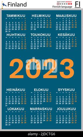 Finnish vertical pocket calendar for 2023 (two thousand twenty three). Week starts Monday. New year. Color simple design. Vector Stock Vector