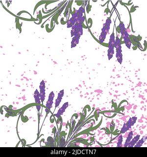 Hand drawn lavender flowers on white, abstract floral pattern cover design. Blossom greenery branches, trendy artistic background. Graphic vector illu Stock Vector