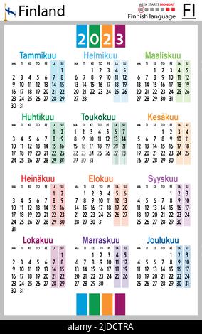 Finnish vertical pocket calendar for 2023 (two thousand twenty three). Week starts Monday. New year. Color simple design. Vector Stock Vector