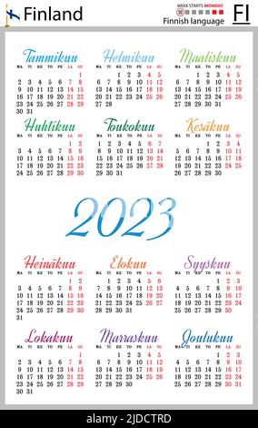 Finnish vertical pocket calendar for 2023 (two thousand twenty three). Week starts Monday. New year. Color simple design. Vector Stock Vector