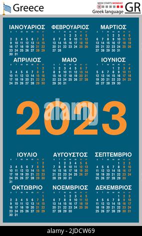 Greek vertical pocket calendar for 2023 (two thousand twenty three). Week starts Monday. New year. Color simple design. Vector Stock Vector