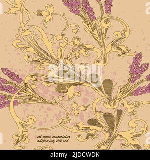 Hand drawn lavender flowers on beige, abstract floral pattern cover design. Blossom greenery branches, trendy artistic background. Graphic vector illu Stock Vector