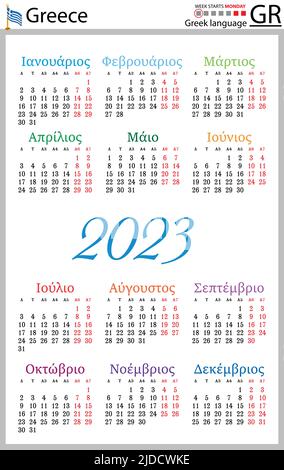 Greek vertical pocket calendar for 2023 (two thousand twenty three). Week starts Monday. New year. Color simple design. Vector Stock Vector