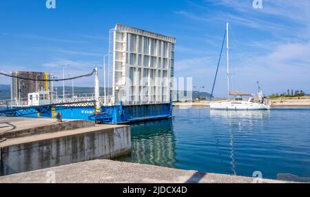 Floating swing bridge connecting Lefkada island in Greece with the mainland Stock Photo