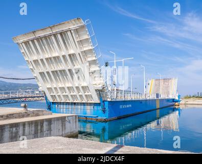 Floating swing bridge connecting Lefkada island in Greece with the mainland Stock Photo