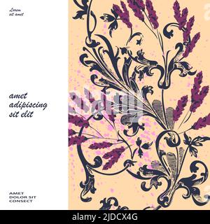 Hand drawn lavender flowers on beige, abstract floral pattern cover design. Blossom greenery branches, trendy artistic background. Graphic vector illu Stock Vector