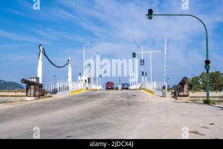 Floating swing bridge connecting Lefkada island in Greece with the mainland Stock Photo