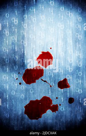 technology background of binary digits and blood drops over it, cyber crime concept Stock Photo