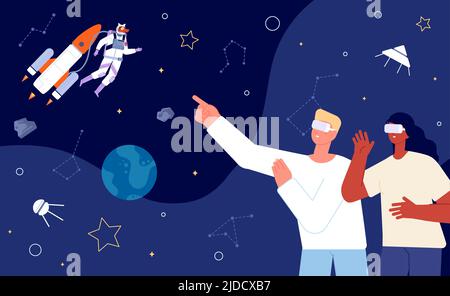Man woman in VR glasses looking at universe. Artificial reality, space with planets, constellations and stars. Dog astronaut flying rocket, vector Stock Vector