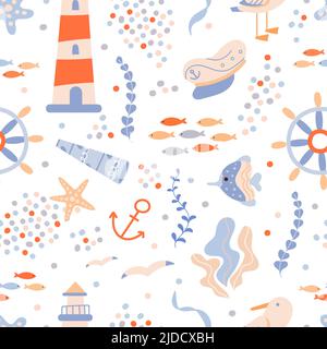 Nautical seamless pattern with lighthouse. Fish, dots and ship wheel, sea or ocean adventures doodle print. Decorative marine vector background Stock Vector