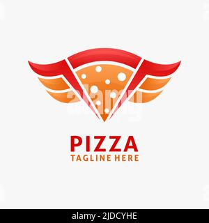 Triangle pizza slices logo design with wing beside Stock Vector