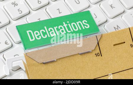 A brown file folder labeled Declarations Stock Photo