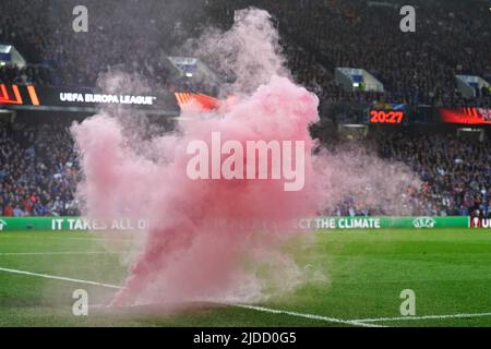 File photo dated 05-05-2022 of a flare thrown onto the field. Rangers have been fined 6,000 Euros (£5,150) for the 'throwing of objects' from the stand, while they have incurred an additional penalty for 'lighting of fireworks' during the match on May 5, which the Scots won 3-1. Issue date: Monday June 20, 2022. Stock Photo