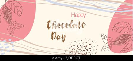 Happy chocolate day card or banner in boho style. Hand drawn doodle lettering Happy Chocolate Day with chocolate drips and chocolate chips. Vector illustration Stock Vector