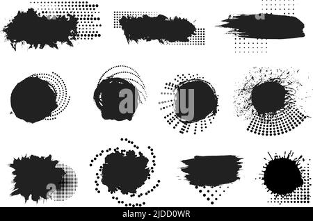 Paint blobs, black ink spots splash and brush stroke. Dirty grunge stains stencils with halftone dotted elements. Decorative prints, vector high Stock Vector