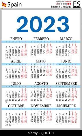 Spanish vertical pocket calendar for 2023 (two thousand twenty three). Week starts Monday. New year. Color simple design. Vector Stock Vector