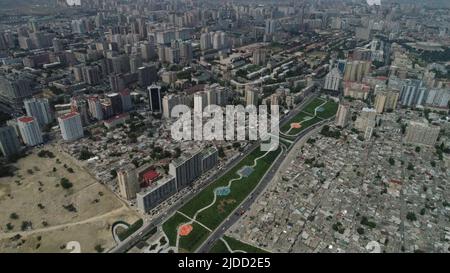 Heydar Aliyev Ave, City of Baku, skyline drone aerial top view, Azerbaijan, Southern Caucasus Stock Photo