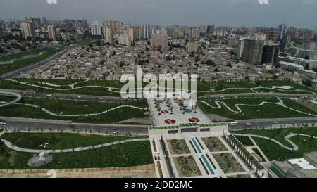 Heydar Aliyev Ave, City of Baku, skyline drone aerial top view, Azerbaijan, Southern Caucasus Stock Photo