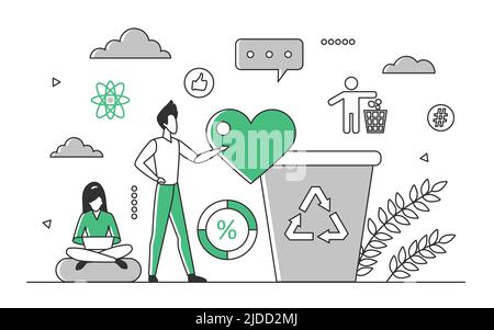 Garbage sorting and collecting for recycling process. Innovative waste management policy vector monocolor illustration Stock Vector