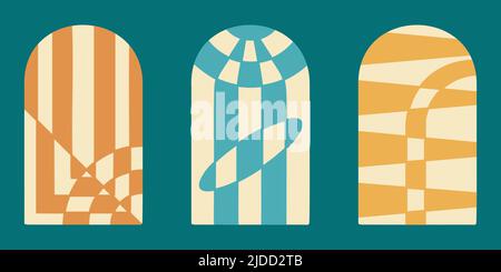 Geometric minimalistic pattern boho posters, wall art, arch window with abstract geometric shapes. Minimalistic painting for room decoration. Arch aesthetics and architecture vector illustration Stock Vector