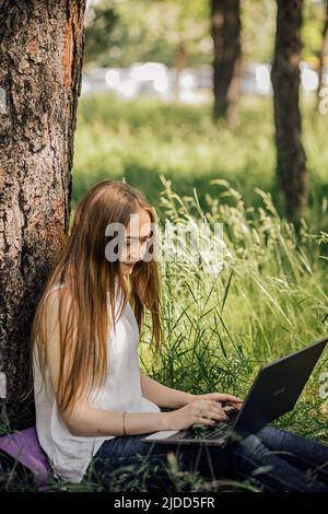 Young business woman working at the computer in cafe on the rock. Young girl downshifter working at a laptop at sunset or sunrise on the top of the mountain to the sea, working day Stock Photo