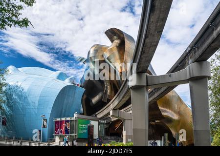 Seattle, Washington, USA - June 3, 2022:  View from Seattle Washington with the Museum of Pop Culture and Monorail at the Seattle center in view. Stock Photo