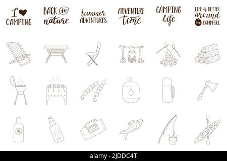 A set of doodle elements and lettering on the theme of summer, vacation, tourism, hiking, camping, picnic. Hand drawn outline icons. Black and white v Stock Vector