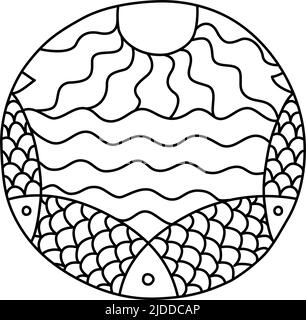 Round coloring page filled with hand drawn doodle motifs in a circle, isolated on white background. Vector illustration Stock Vector