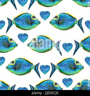 Bright blue fish with hearts. Watercolor illustration. Seamless pattern. For fabric, textiles. covers, paper, wallpaper, packaging, children's rooms b Stock Photo