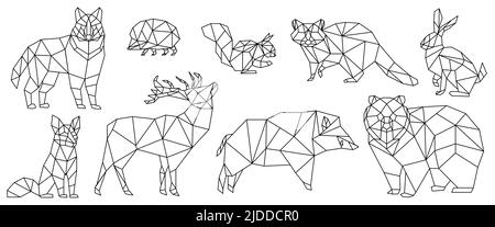 Geometric low poly animals set, black thin line vector illustration. Abstract creative polygonal design with triangle simple shapes for wild deer bear fox hedgehog squirrel raccoon rabbit wolf Stock Vector