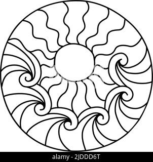 Round coloring page filled with hand drawn doodle motifs in a circle, isolated on white background. Vector illustration Stock Vector