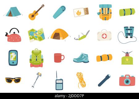 A set of design elements for summer, vacation, tourism, hiking, camping, picnic. Flat cartoon icons for web. cards, posters, banners. Color vector ill Stock Vector