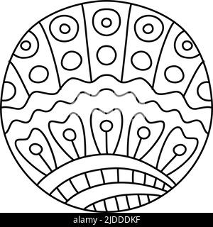 Round coloring page filled with hand drawn doodle motifs in a circle, isolated on white background. Vector illustration Stock Vector