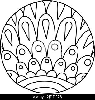 Round coloring page filled with hand drawn doodle motifs in a circle, isolated on white background. Vector illustration Stock Vector