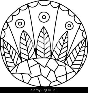 Round coloring page filled with hand drawn doodle motifs in a circle, isolated on white background. Vector illustration Stock Vector