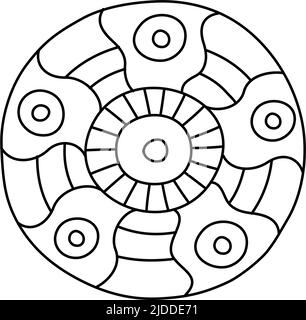 Round coloring page filled with hand drawn doodle motifs in a circle, isolated on white background. Vector illustration Stock Vector