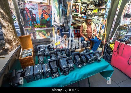Stall on Parisian street with old folding film cameras for sale - Paris 6, France. Stock Photo