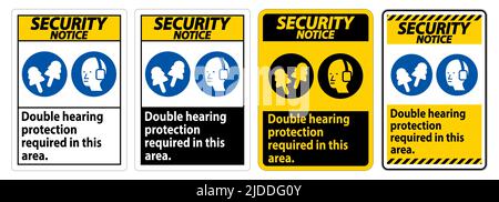 Security Notice Sign Double Hearing Protection Required In This Area With Ear Muffs & Ear Plugs Stock Vector