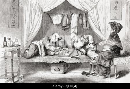 Two men smoking in an opium den in China, 19th century.  From L'Univers Illustre, published Paris, 1859 Stock Photo