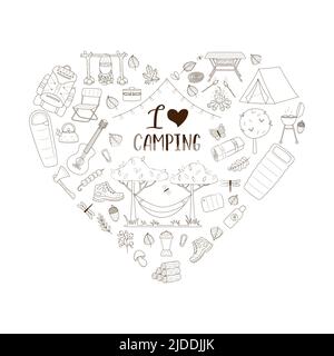 Doodle Set of tourist equipment for travel, picnic, camping, outdoor recreation. Heart shape composition as a print on clothes, postcards, web design. Stock Vector