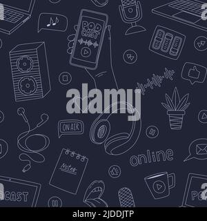 Seamless pattern with doodle elements symbolizing podcast, radio, online show. Outline hand drawn microphones, headphones, speakers, laptop. Black and Stock Vector